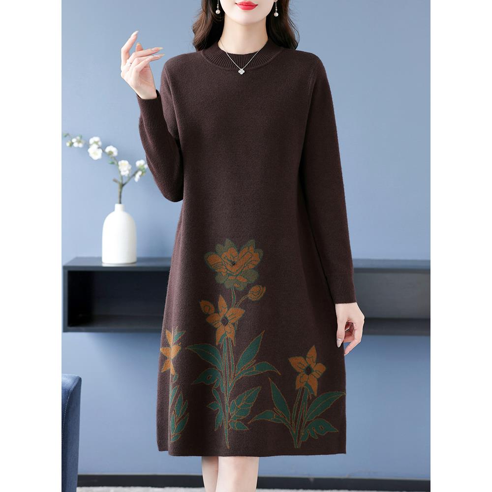 秋冬季连衣裙妈妈装加肥加大码宽松遮肚中长款毛衣羊毛打底衫加厚