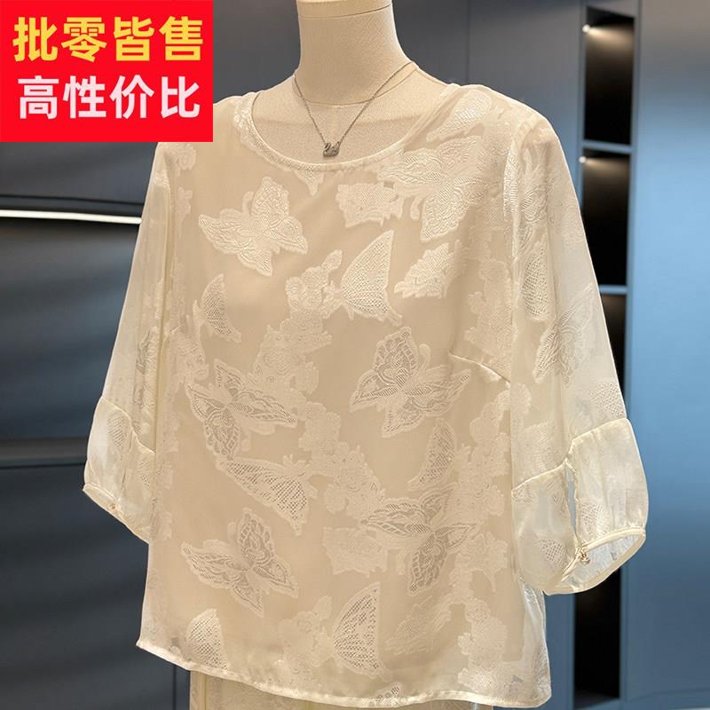 时尚中国风妈妈装七分袖雪纺衬衫女夏装新款上衣减龄洋派中年衬衫
