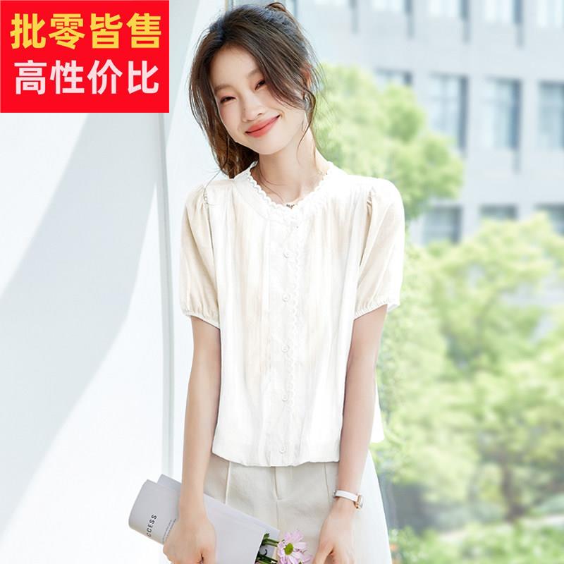 2025夏季新款法式短袖衬衫女独特超好看洋派减龄小衫白色上衣女薄