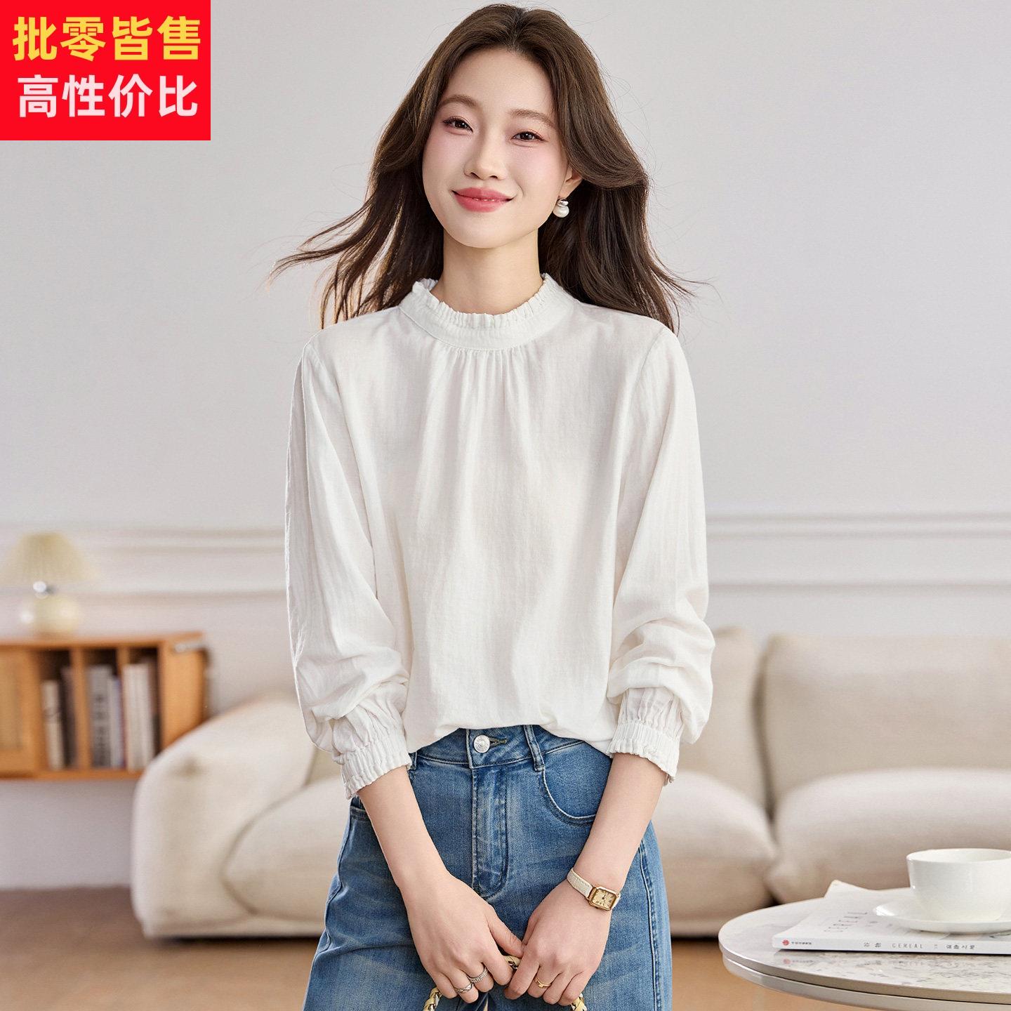 立领长袖衬衫女2026春装新款宽松显瘦百搭套头上衣高级感纯棉衬衣