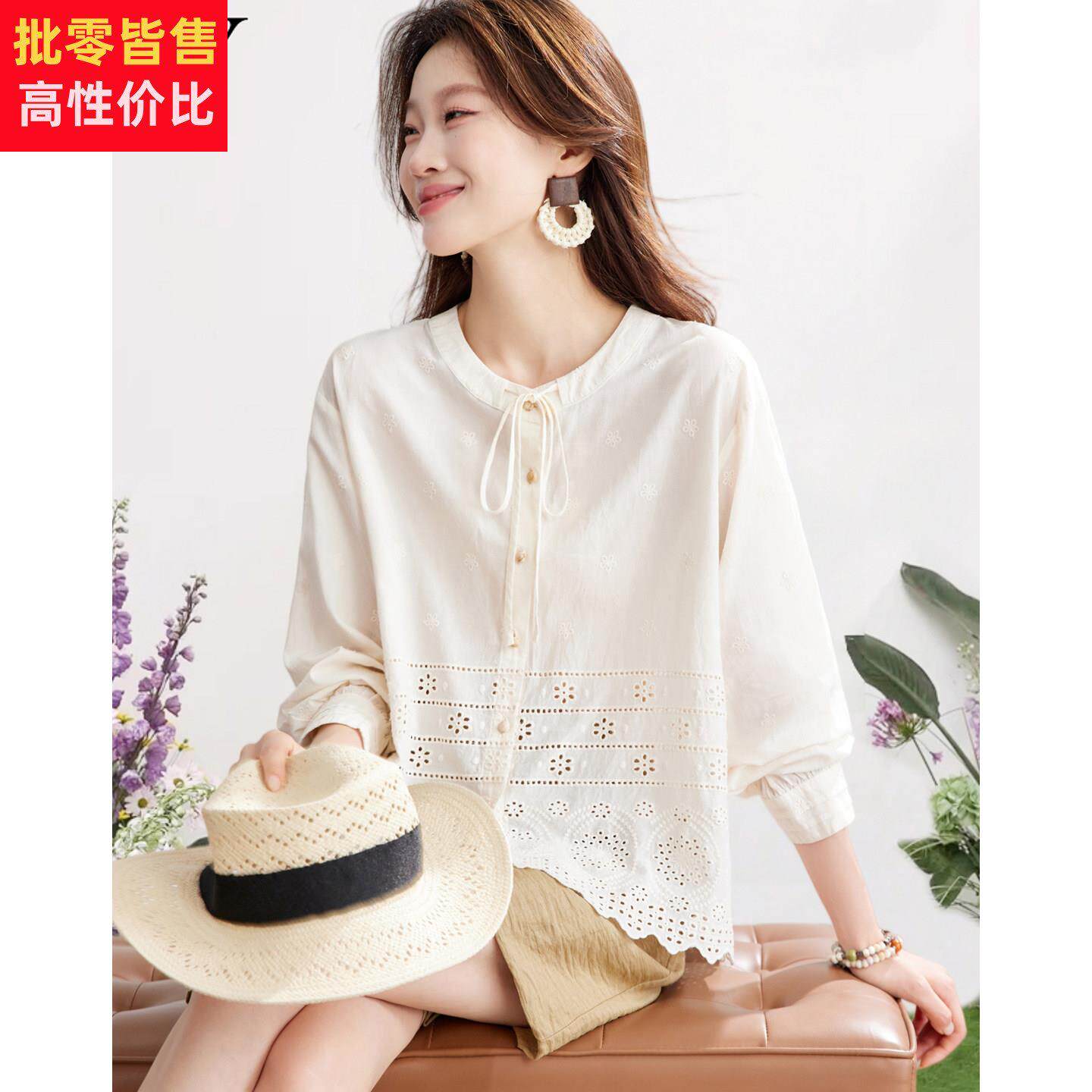 2026春装新款纯棉减龄镂空衬衫宽松系带休闲小衫遮肚洋气上衣女装