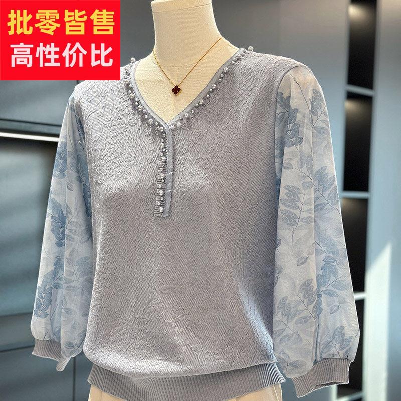 时尚洋派雪纺针织衫女妈妈装春装新款上衣百搭休闲中老年人打底衫