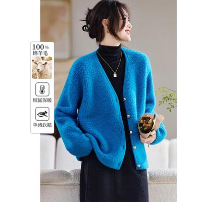 100纯羊毛衫女2025新款秋冬季高级感气质宽松羊羔绒毛衣开衫外套