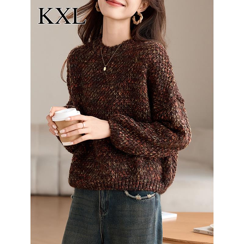 高级感慵懒风宽松休闲棒针粗线花纱毛衣女秋冬新款超好看针织上衣