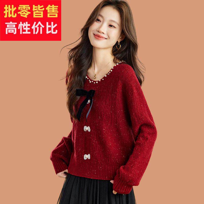 氛围感红色蝴蝶结钉珠毛衣女秋冬外穿2025新款短款内搭羊毛打底衫