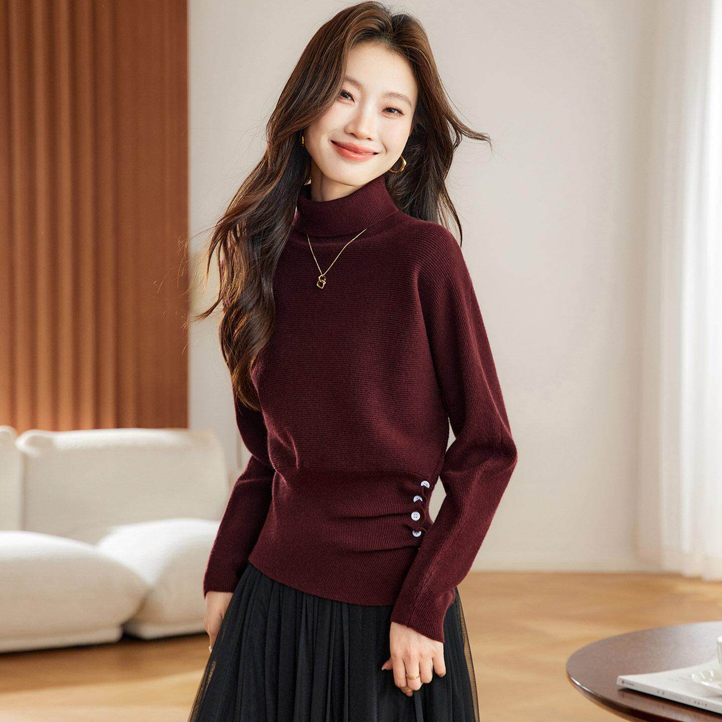 蝙蝠袖高领针织衫女秋冬2025新款高级感长袖t恤内搭可外穿打底衫