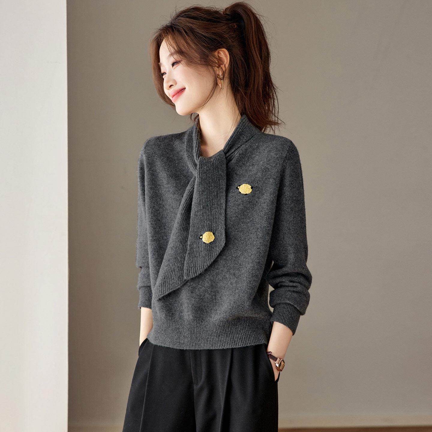 韩系围巾领100%羊毛针织衫女2025新款高级感灰色宽松毛衣内搭上衣