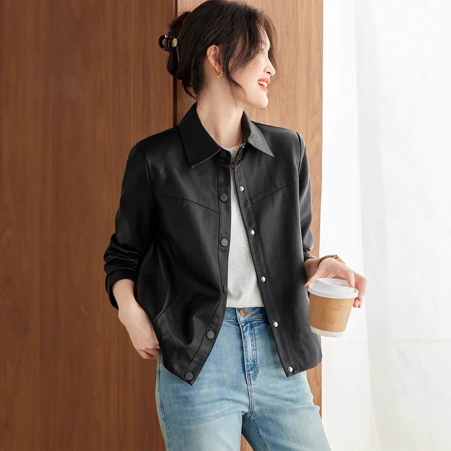 2025春秋新款洋气翻领黑色皮衣女环保皮PU皮衬衫夹克短外套机车服