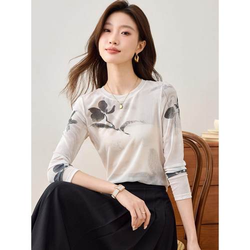新中式印花长袖T恤女秋季薄款纱衣打底衫洋气小衫巨好看轻熟上衣