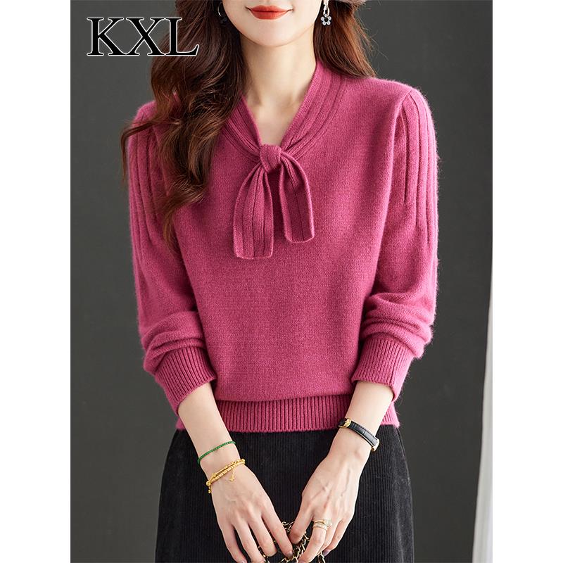 小个子超好看蝴蝶结玫红色毛衣打底衫女秋冬新款宽松漂亮针织上衣
