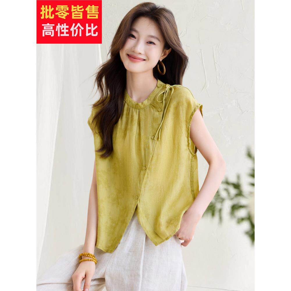 2025夏季新设计开衩苎麻t恤不对称利基年龄减少覆古苗条看女性瘦