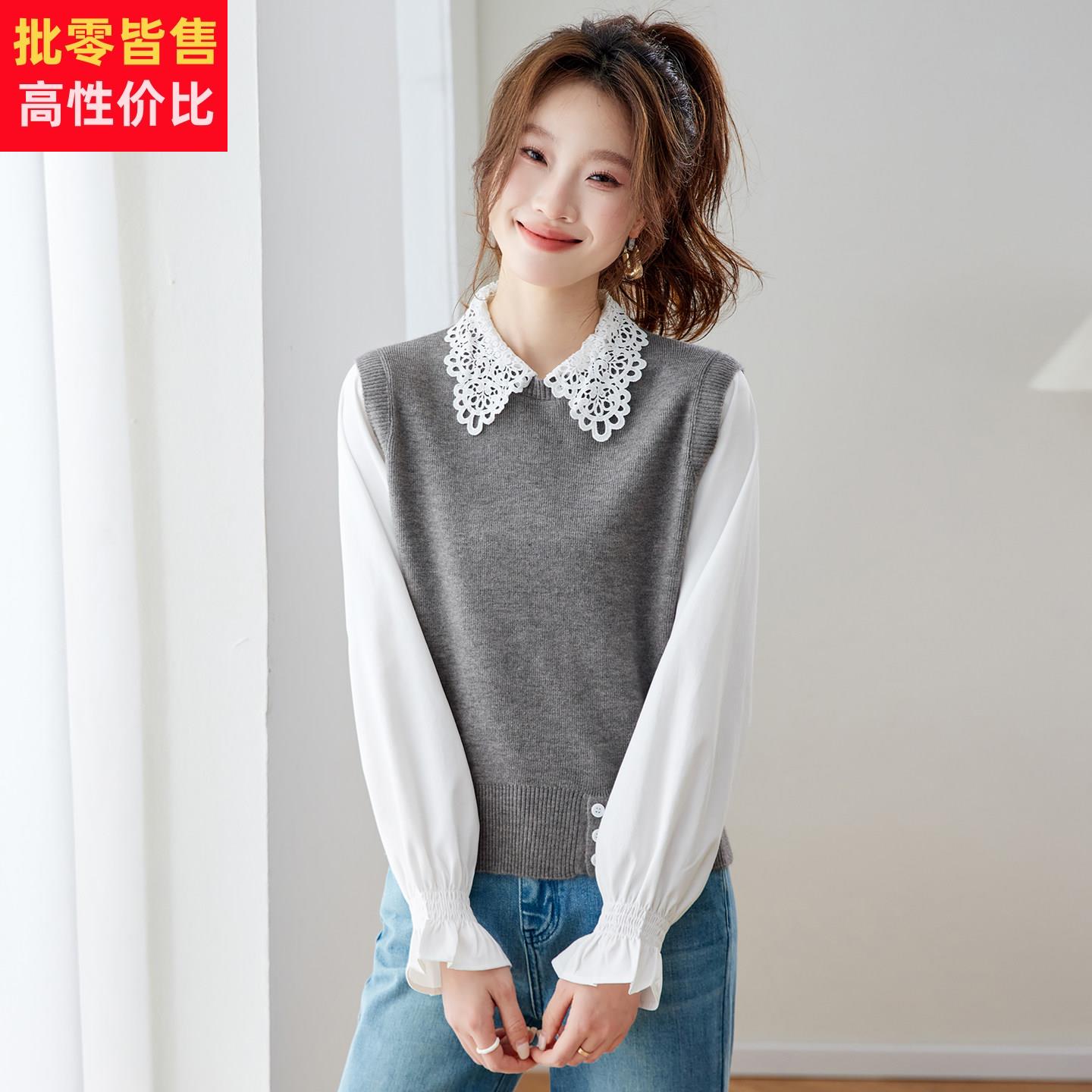 学院风蕾丝花边衬衫女2026春季新款设计感针织拼接假两件韩版上衣
