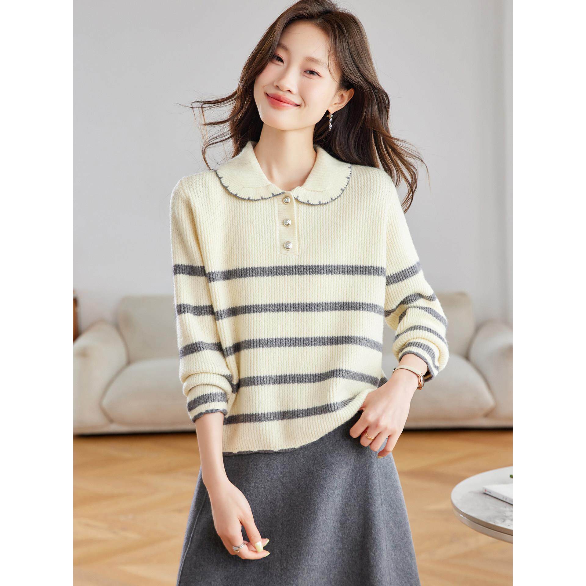 娃娃领条纹毛衣女秋冬季外穿2025新款宽松内搭针织打底衫短款上衣