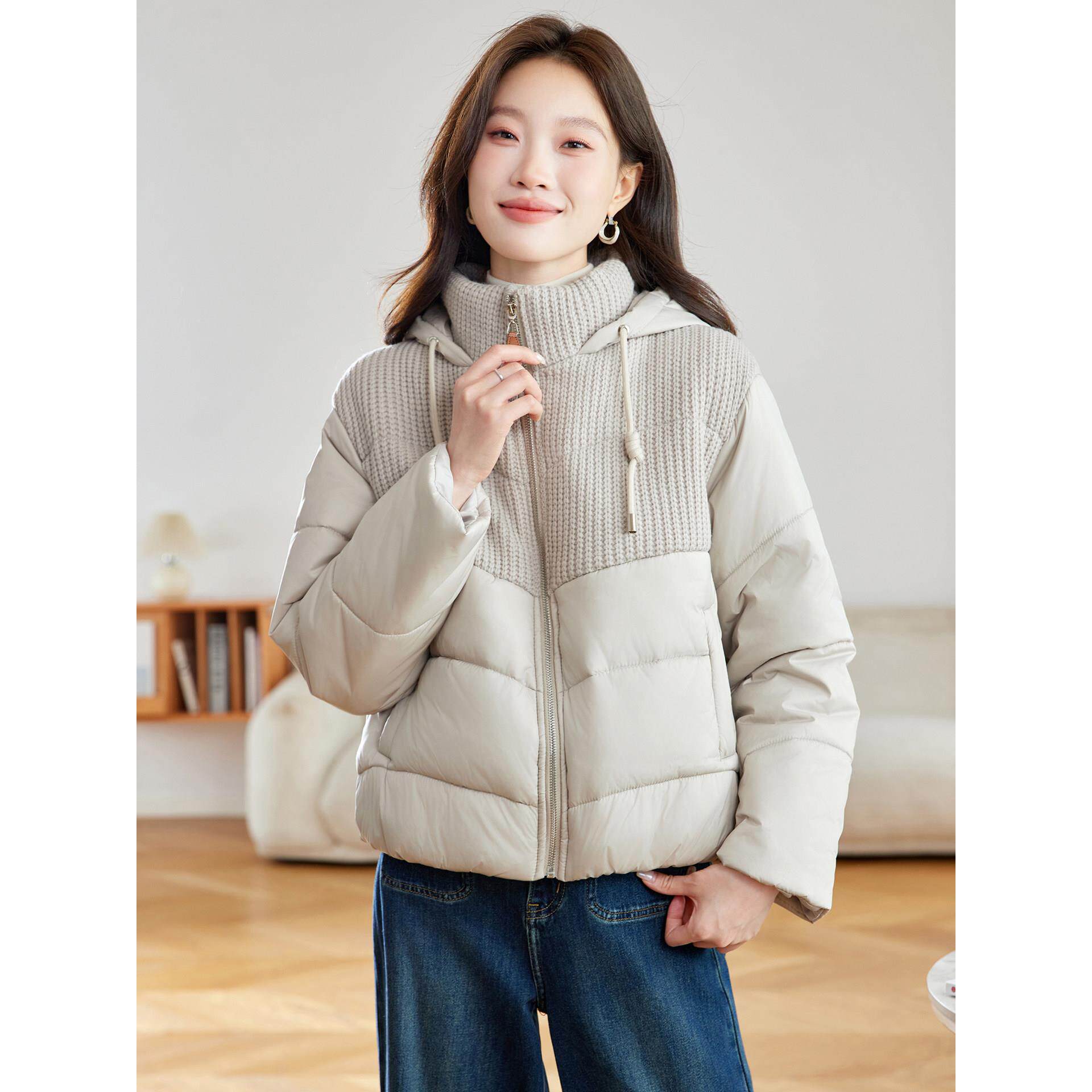 小个子秋冬新款针织拼接棉服女高级感立领连帽保暖设计外套短袄子