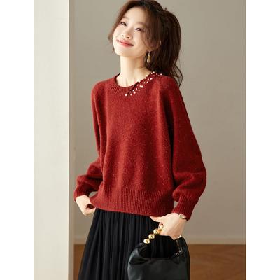 氛围感红色钉珠毛衣女秋冬外穿2025新款灯笼袖宽松短款内搭打底衫
