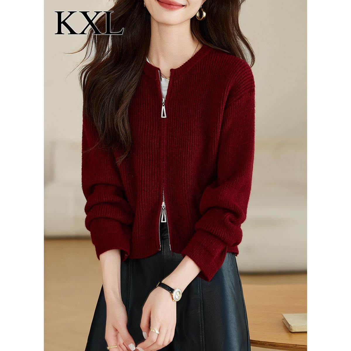 高级感气质酒红色拉链毛衣短外套女春秋新款小个子显高针织衫开衫