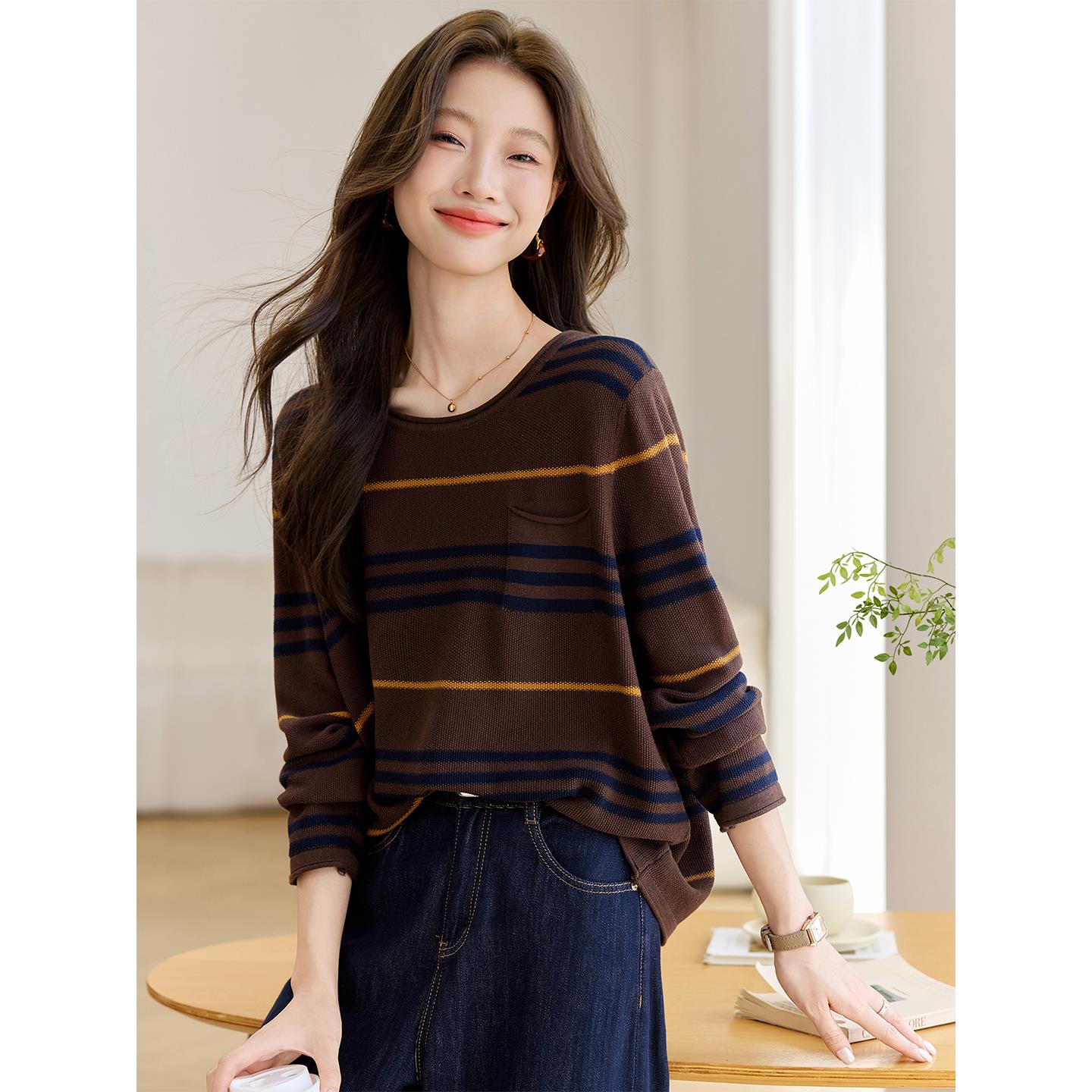 早秋薄款条纹套头针织衫上衣女2025新款春秋宽松遮肉显瘦外穿毛衣