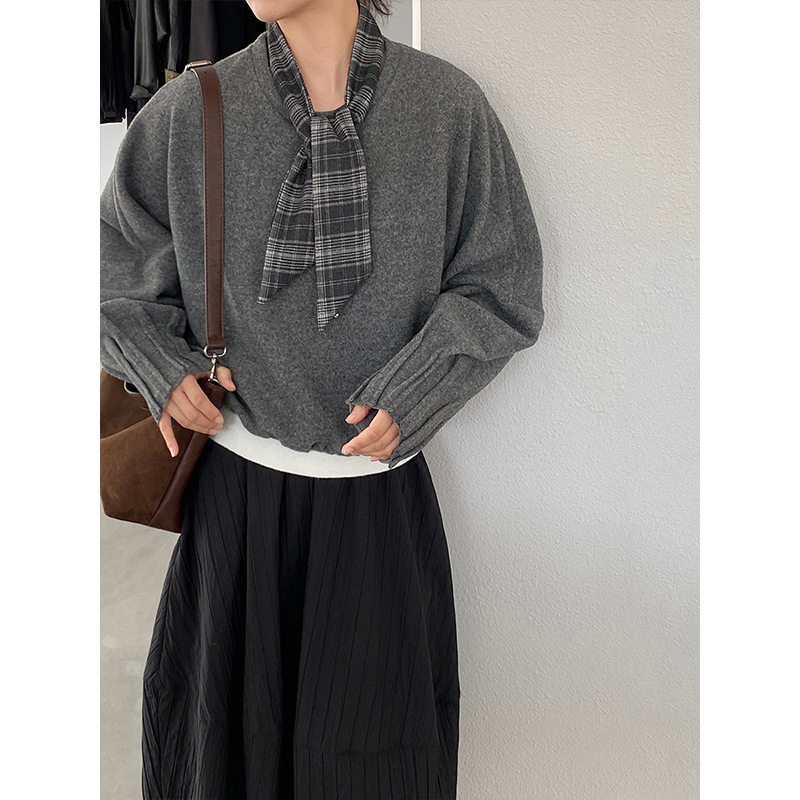 青川ONEWALK/袖口巨好看磨毛加厚毛呢卫衣女配格子飘带25冬