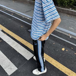轻奢风蝴蝶刺绣侧边条纹运动休闲裤男女潮流修身百搭显瘦直筒长裤