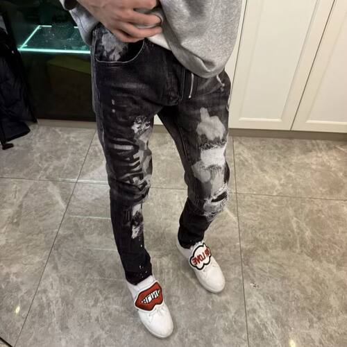 D2潮牌男小脚黑色破洞修身牛仔裤