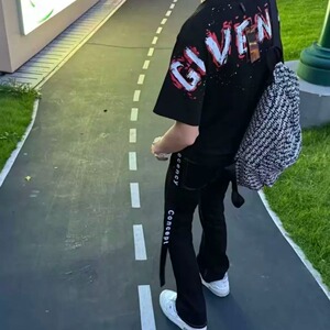 高街轻奢DC字母飘带牛仔裤男士黑色cleanfit潮牌修身显瘦微喇长裤