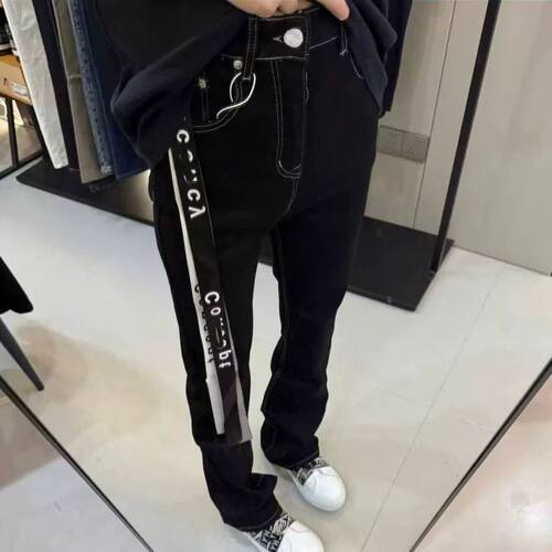 美式DC三色飘带微喇男士牛仔裤