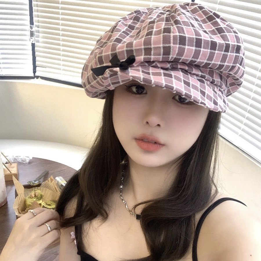 韩版女团风粉色格纹八角帽子女可爱甜酷蝴蝶结云朵帽显脸小画家帽