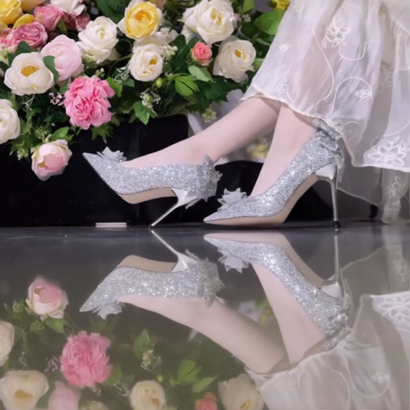 水晶玫瑰米兰高跟绝美蝴蝶结婚鞋伴娘亮片水钻高跟鞋女18成年人礼