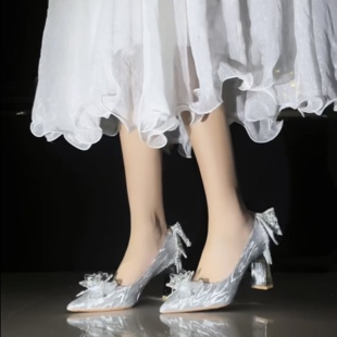 玫瑰水晶蝴蝶结公主高跟鞋18岁成人礼银色单鞋女尖头细跟主纱婚鞋