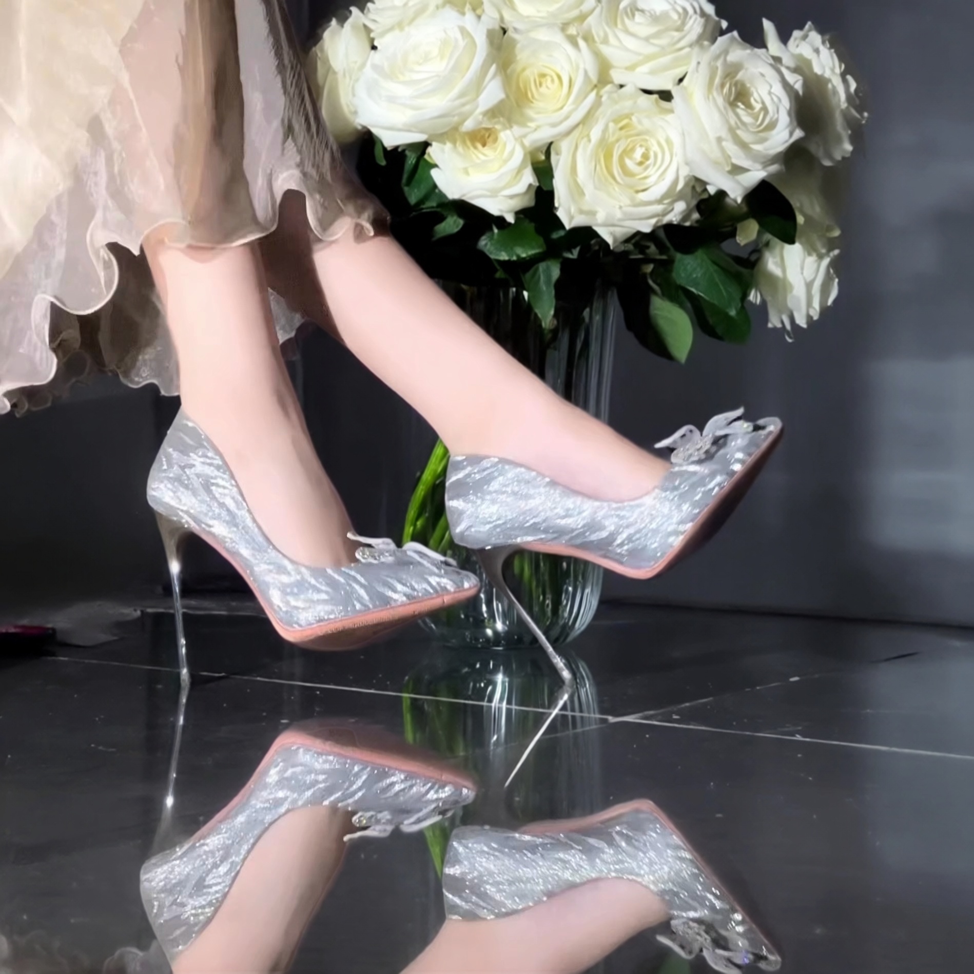 玫瑰米兰水晶蝴蝶结公主高跟鞋成
