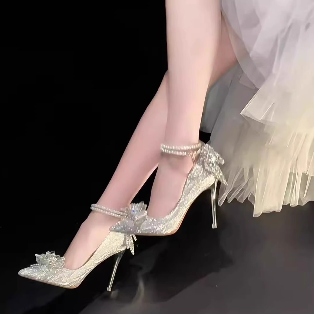 水晶蝴蝶结公主高跟鞋主纱18岁成