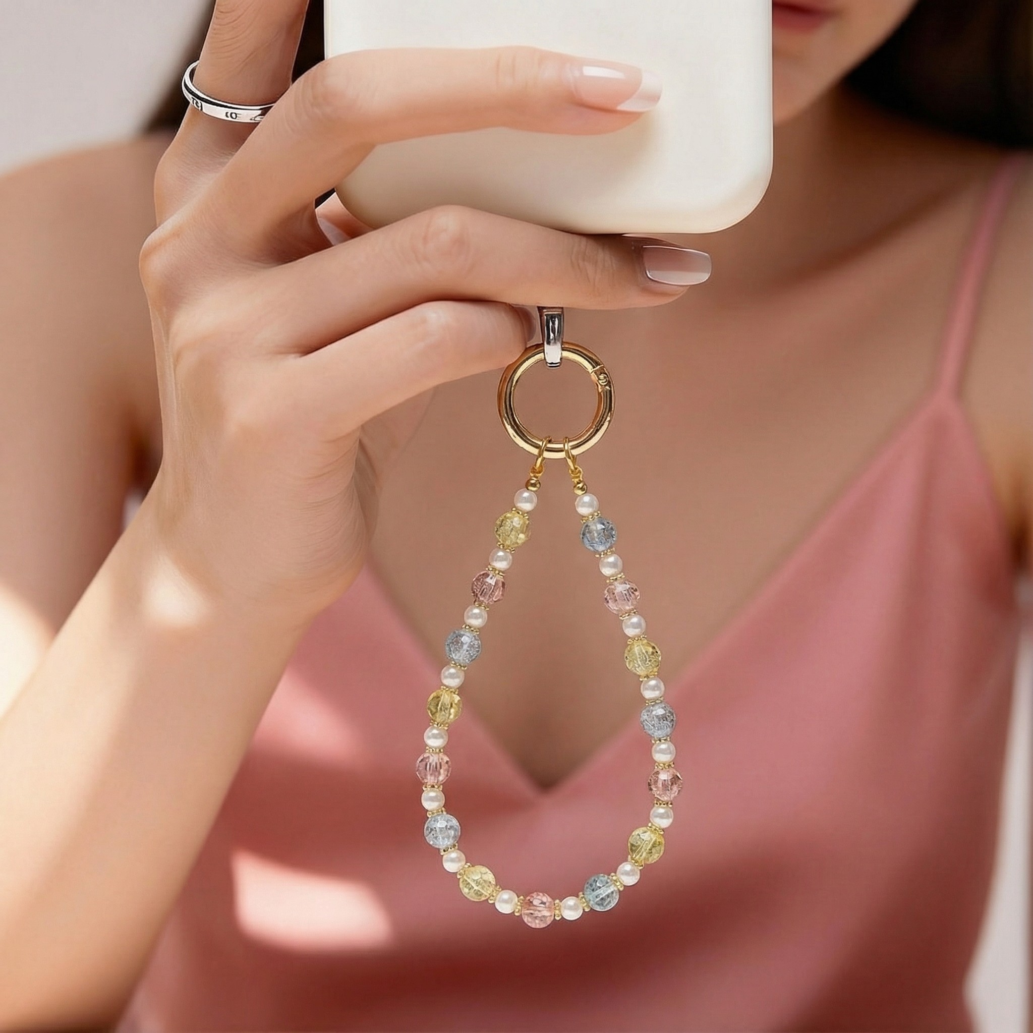 多巴胺马卡龙珍珠水晶手机链轻奢精致简约挂手腕挂绳挂饰配件挂件