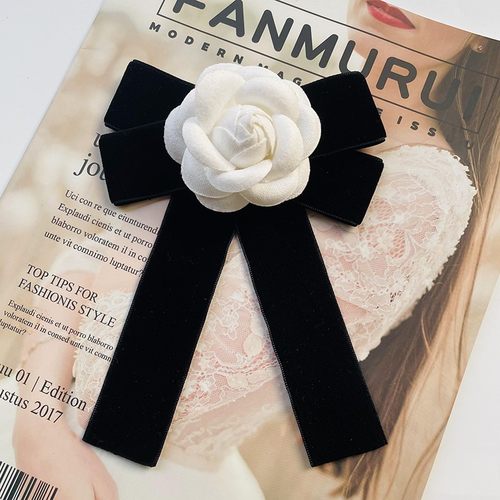 白色山茶花小香风丝绒胸针韩版女士领花蝴蝶结装饰领结衬衫配饰潮