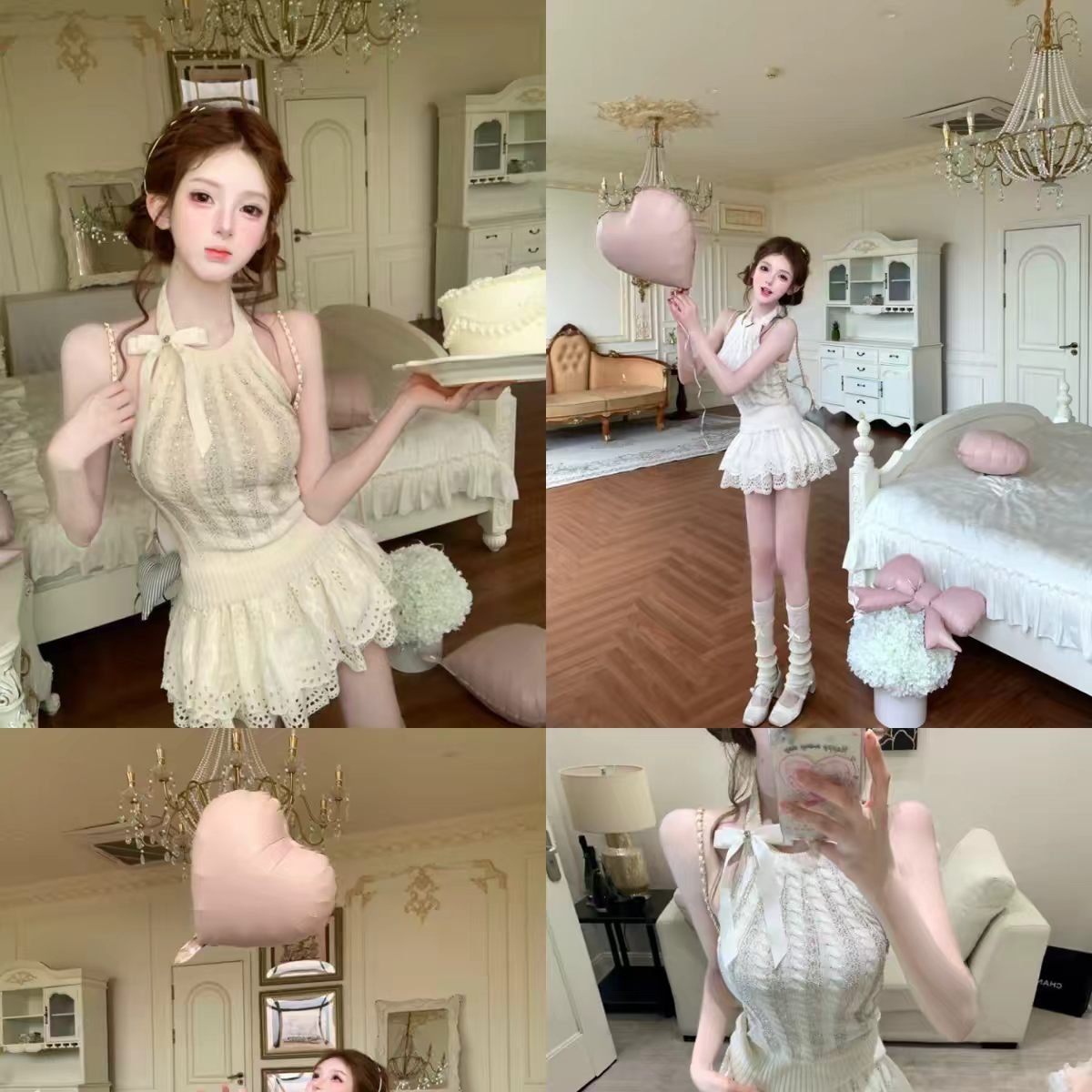 纯欲甜辣妹套装女夏季千金风韩系绝美白色挂脖上衣蕾丝半身短裙子