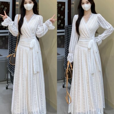 大码秋冬新款法式加绒复古设计感气质收腰显瘦长袖V领连衣裙