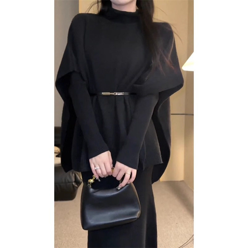 高级感针织连衣裙两件套女早秋冬季韩系斗篷披肩高领毛衣穿搭套装