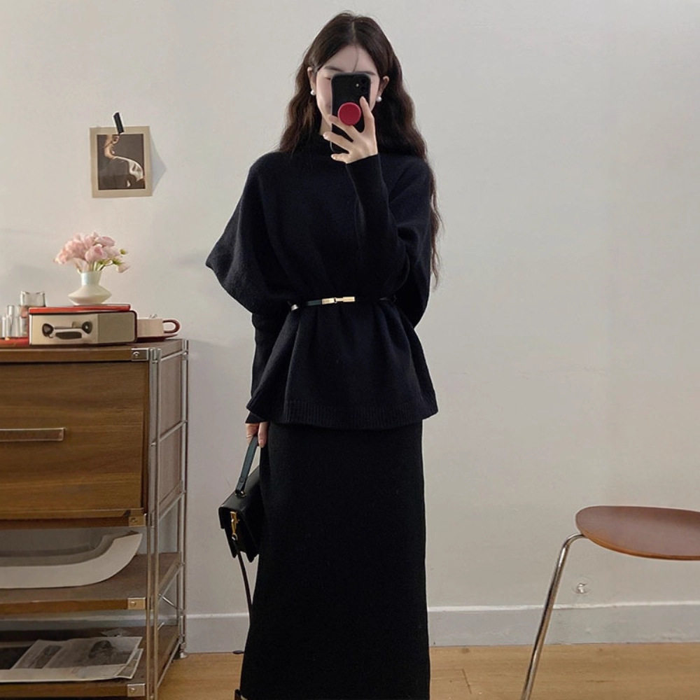 小香风黑色气质连衣裙女2025深秋冬大码微胖mm收腰一整套搭配套装