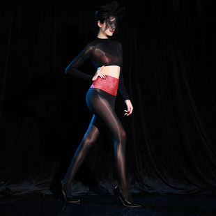 蕾丝腰油光丝袜性感腰丝露肚脐紧身上衣套装 丝滑油亮紧身丝袜衣女