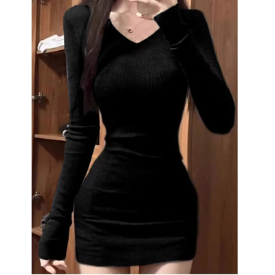 小妈紧身包臀裙秋冬季内搭黑色针织螺纹磨毛长袖连衣裙女打底裙子