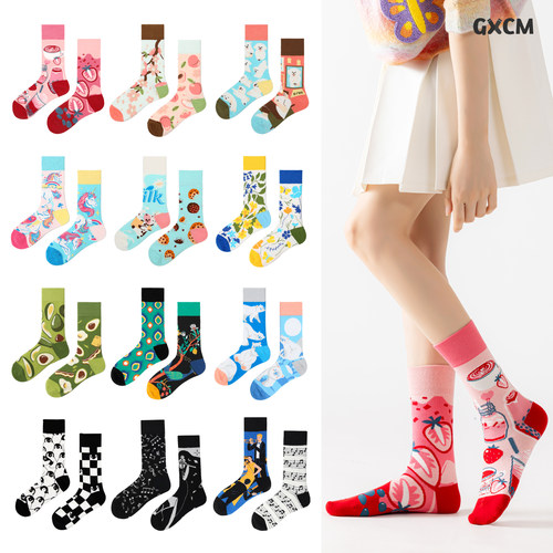 GXCM四季ab袜子男女情侣款不对称中筒袜卡通动物彩色棉袜时尚潮流