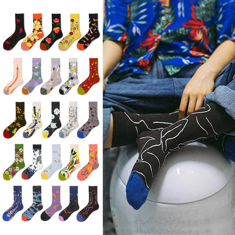 女生袜子男生卡通法国艺术中筒袜潮流植物情侣出街同款网红棉袜