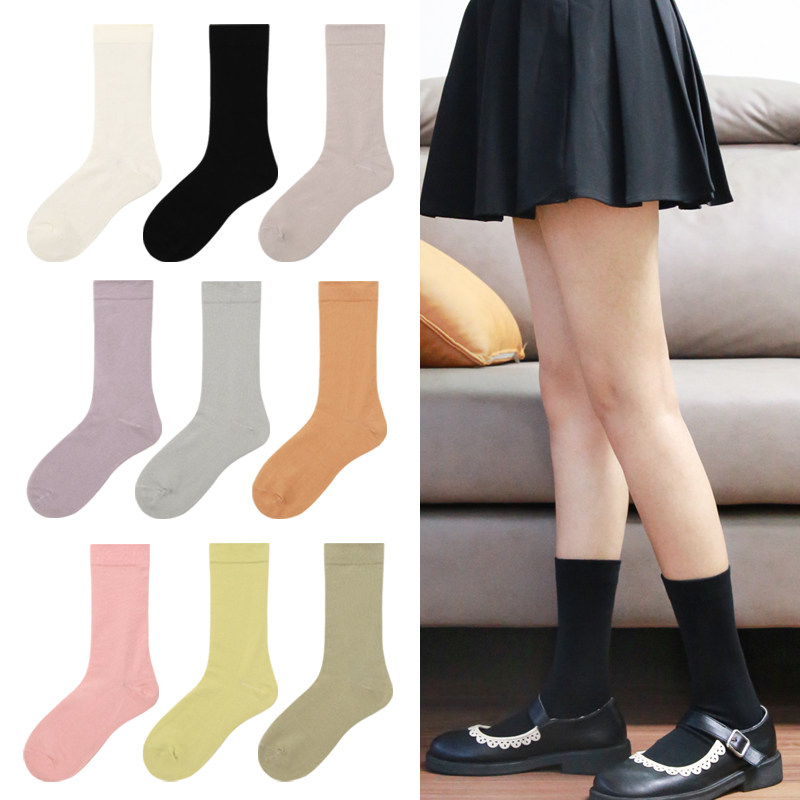 女生莫兰迪纯色中筒袜韩版糖果色棉袜子简约美腿薄堆堆春秋四季