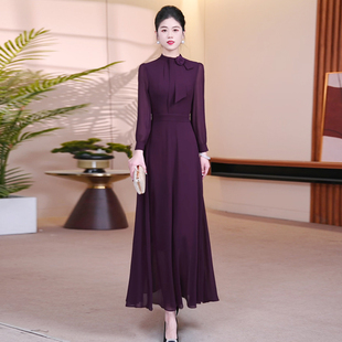 立领蝴蝶结雪纺大摆连衣裙2026春夏新款气质显瘦超长款裙子到脚踝