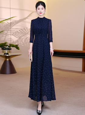 藏青色七分袖立领雪纺连衣裙2026春夏新款高级感修身显瘦度假长裙