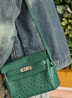 Kelly Messenger27小号邮差包，丝绒绿鸵鸟皮，银扣实拍现货