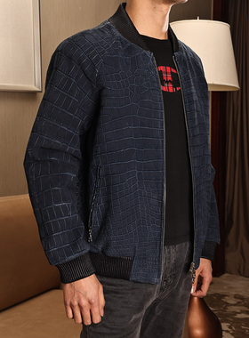 ARESGATOR秋冬新款鳄鱼皮夹克反绒圆领商务休闲男士真皮皮衣外套