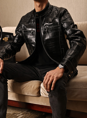 ARESGATOR秋冬新款尼罗鳄鱼皮夹克立领休闲黑色男士真皮皮衣外套