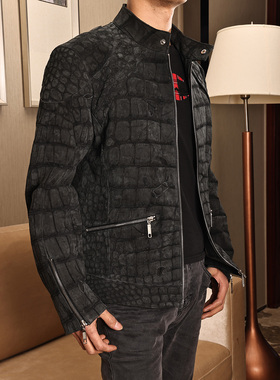 ARESGATOR秋冬新款反绒鳄鱼皮夹克修身立领商务休闲男士真皮皮衣