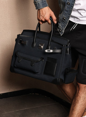 男士黑色帆布撞色大号手提公文包多口袋商务托特包