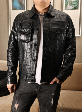 ARESGATOR秋冬流行休闲翻领多口袋皮夹克黑色暹罗鳄鱼真皮皮衣男